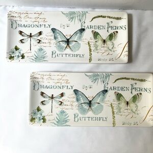 Pier 1 Earthenware Field Collection Butterfly Dragonfly Garden Servers Lot of 2